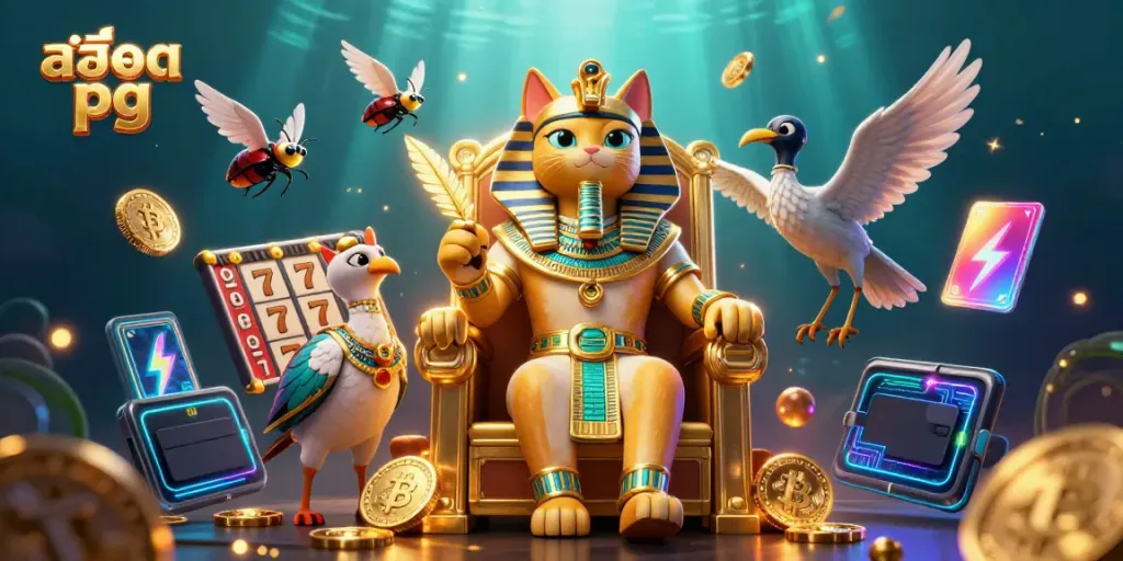 Experience the excitement of สล็อต pg with a dynamic, vibrant scene featuring a royal Egyptian cat and crypto elements.