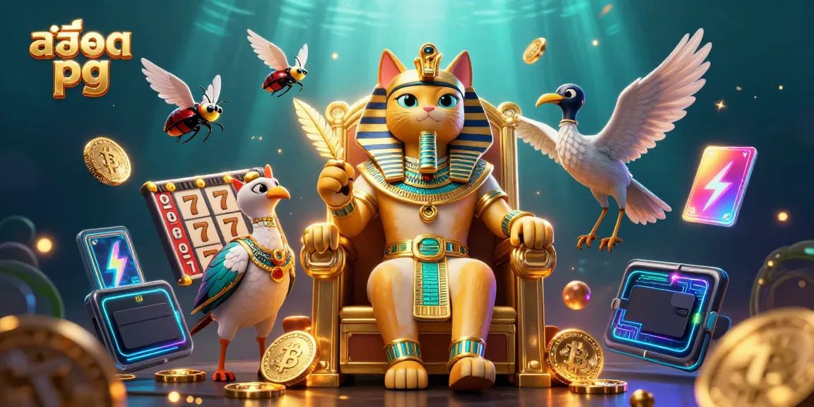 Experience the excitement of สล็อต pg with a dynamic, vibrant scene featuring a royal Egyptian cat and crypto elements.