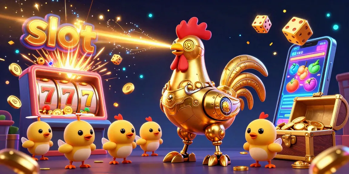 Engage with exciting slot gameplay featuring a golden rooster shooting beams amidst a vibrant casino scene.