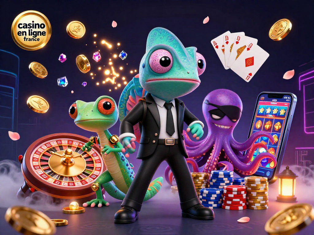 Illustration animée riche et colorée de casino en ligne France avec agent secret et éléments de jeu.