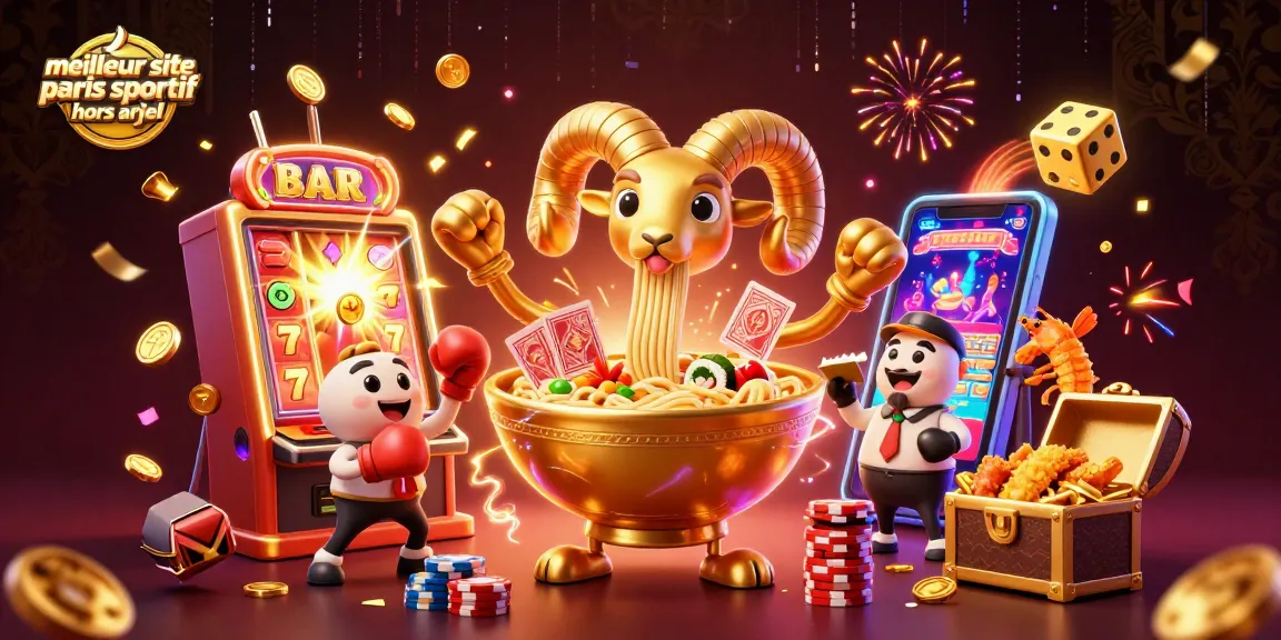 Meilleur site paris sportif hors ARJEL, mise en avant d'un personnage en ramen géant et des éléments de paris sportifs dynamiques.