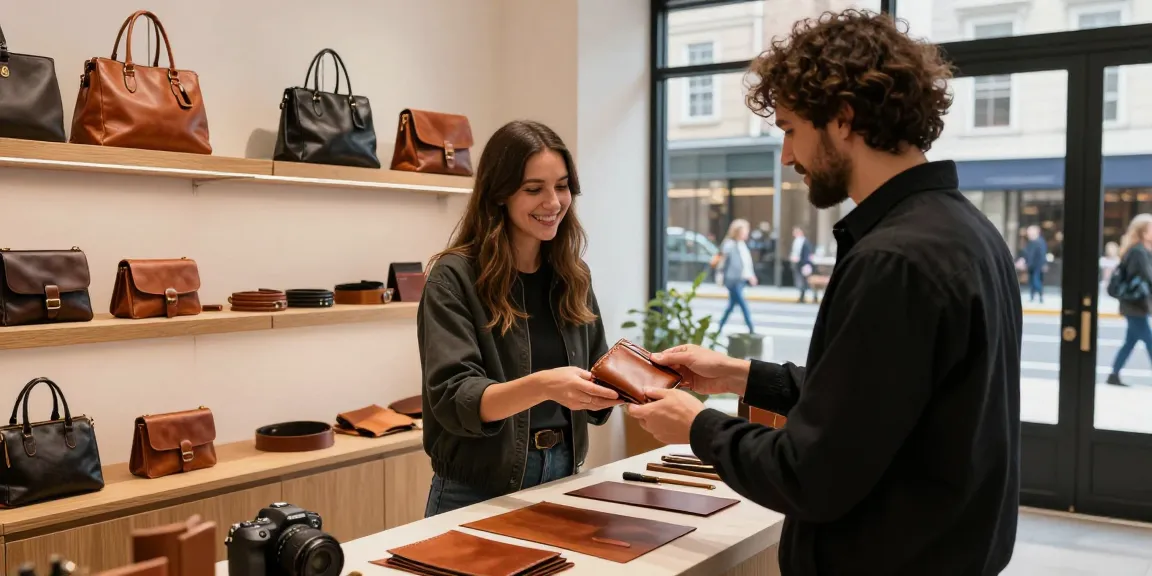 Customer exploring stylish leather wallet options in a retail store showcasing quality leather products.