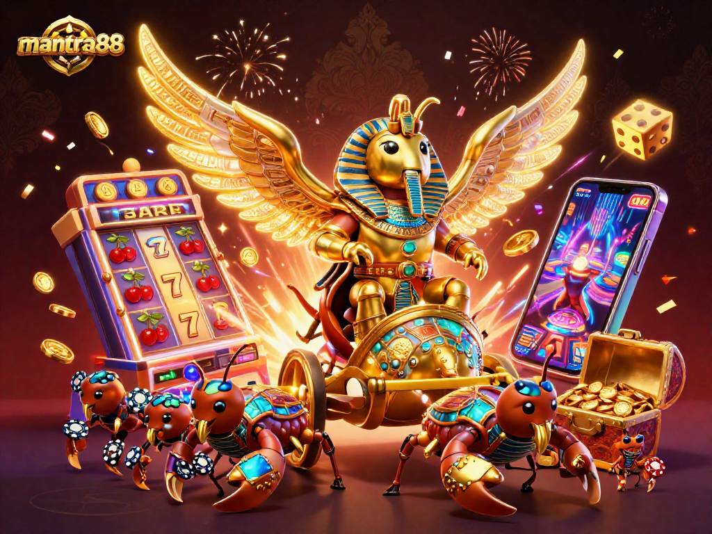 Win big at mantra88 with thrilling slot machines and dynamic casino games in this vibrant illustration.