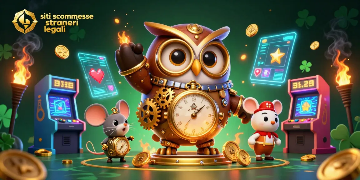 Scommetti su siti scommesse stranieri legali con un gufo steampunk e un topo meccanico in un'illustrazione 3D animata.