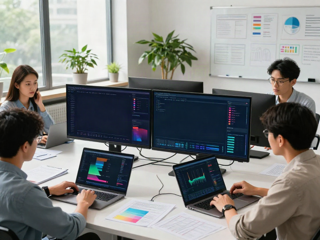 Collaborative team using a dataset search tool in a modern workspace.