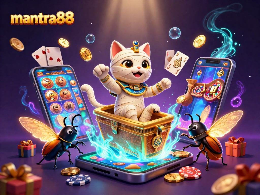 Play slots with mantra88 in a vibrant 3D casino scene featuring a mummy cat and golden coins.