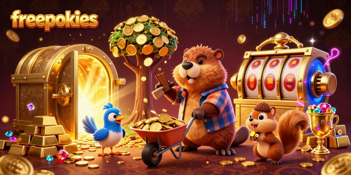 Engage with freepokies as a cheerful beaver chops a tree raining coins, complemented by vibrant 3D visuals.