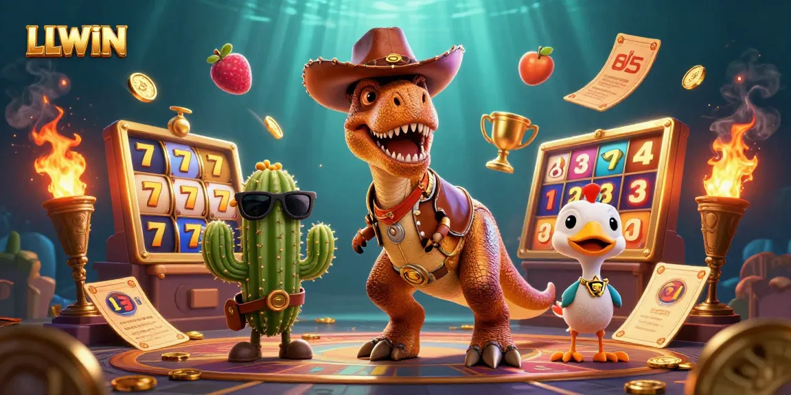 Engage with LLWIN's vibrant slot machine experience featuring a T-Rex, cactus, and roadrunner in action.