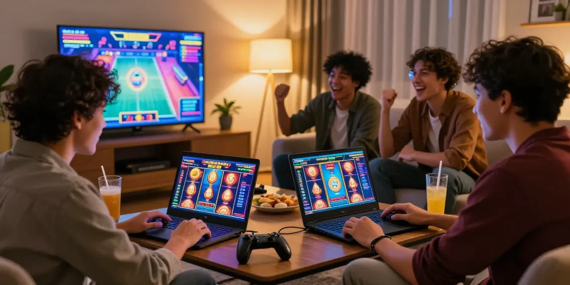 Exciting gaming night with friends enjoying MPOCASH online games and vibrant slot visuals on laptop.