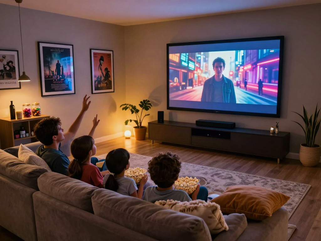 Family enjoying Moviebox experience in a cozy home theater setting.
