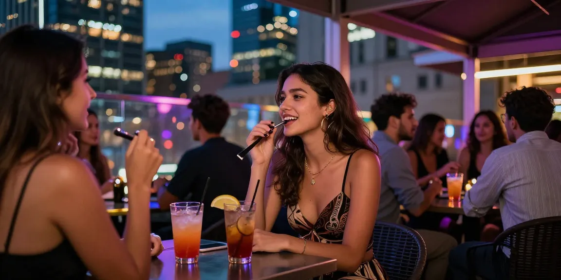 Gái gọi tận hưởng không khí buổi tối tại quán bar hiện đại, ánh đèn neon rực rỡ trong thành phố.