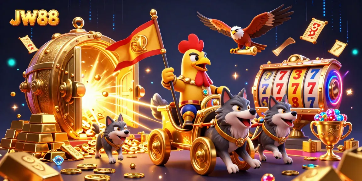 Experience exciting gameplay with JW88's 3D battle-themed illustration featuring gameplay elements and treasure.
