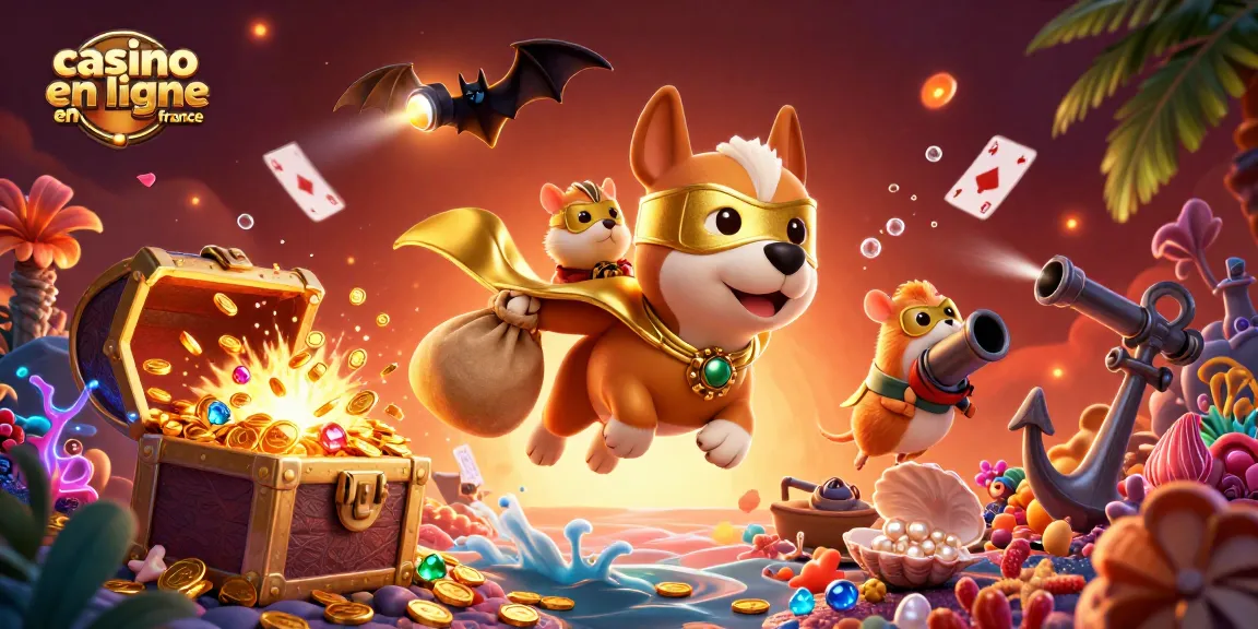 Illustration dynamique représentant un chien super-héros en vol avec un sac d'or, symbolisant le casino en ligne France.