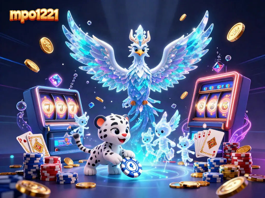 Experience the excitement of mpo1221 with a lively ice phoenix and playful snow leopard in a casino-themed 3D illustration.