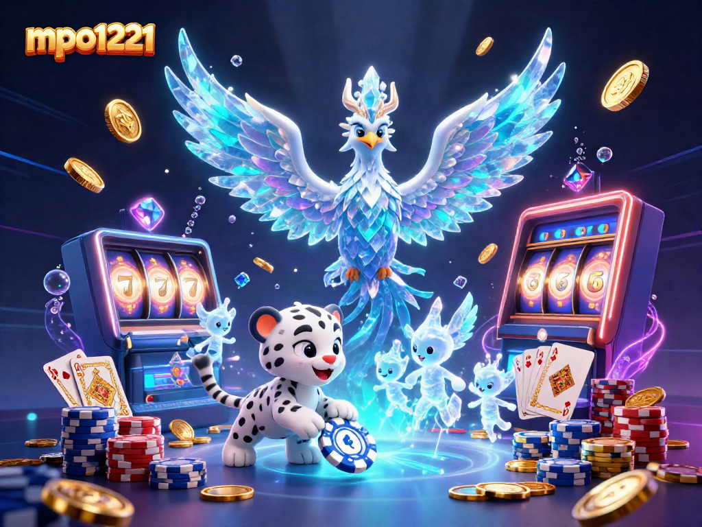 Experience the excitement of mpo1221 with a lively ice phoenix and playful snow leopard in a casino-themed 3D illustration.