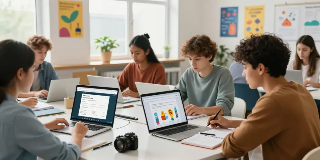 Situs toto in a vibrant online language learning classroom with diverse students collaborating.