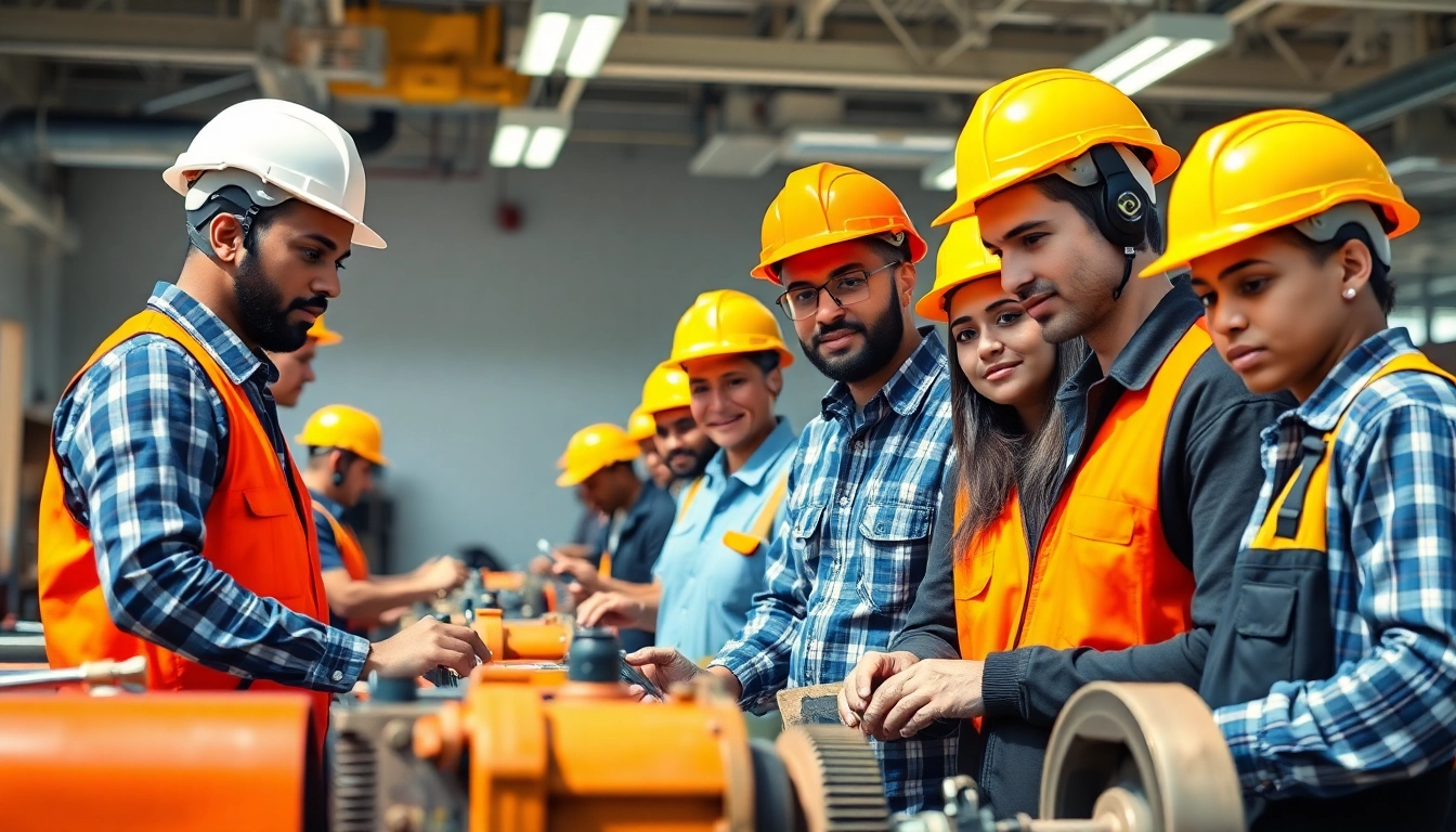 Training at a construction trade school Los Angeles with diverse students and tools.