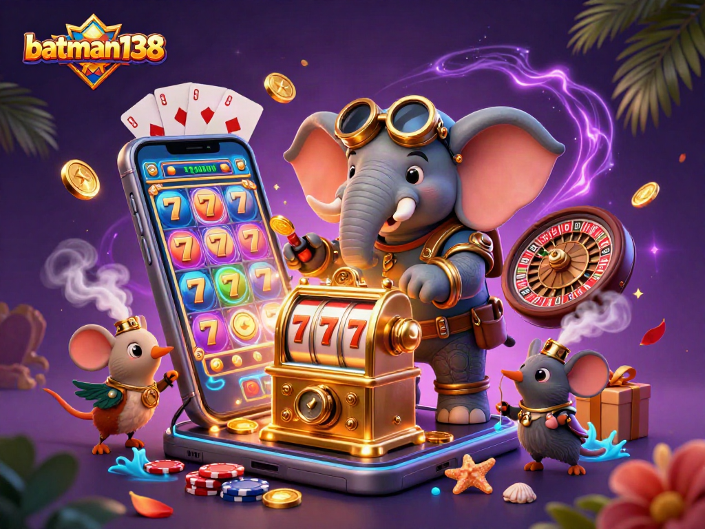 Experience thrilling gaming with batman138 while a steampunk elephant plays a jackpot slot.