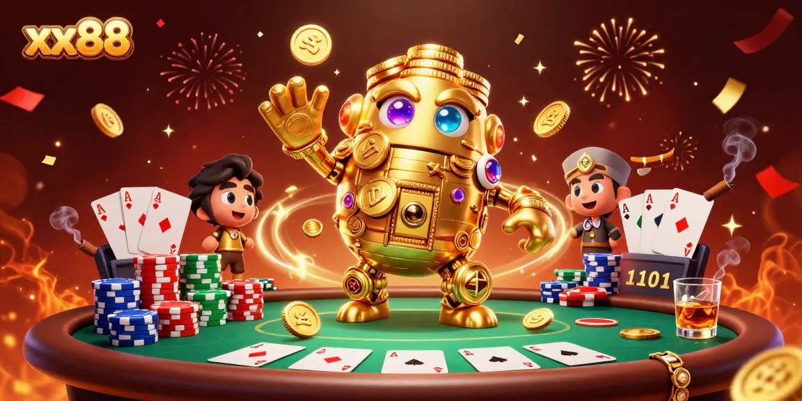 Experience the excitement of xx88 with a golden golem surrounded by poker elements and festive celebrations.