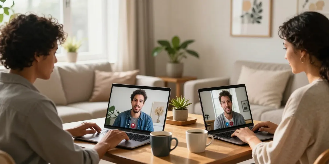 Genuine online dating moments with diverse couples connecting over laptops, showcasing the dating experience.
