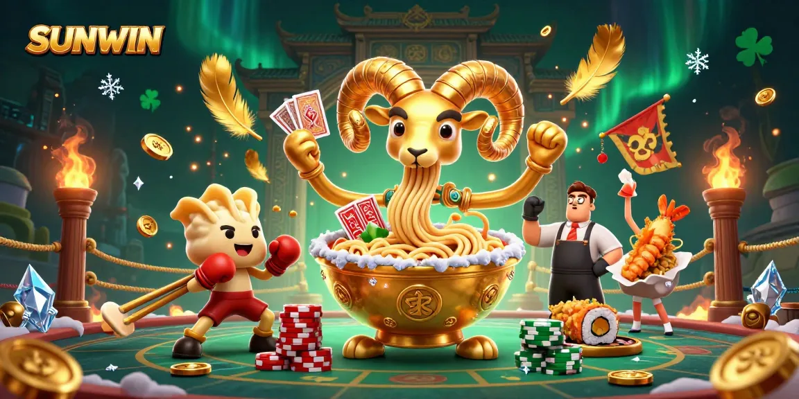 Experience SUNWIN's vibrant casino atmosphere with a golden ramen bowl character stacking chips and cards.