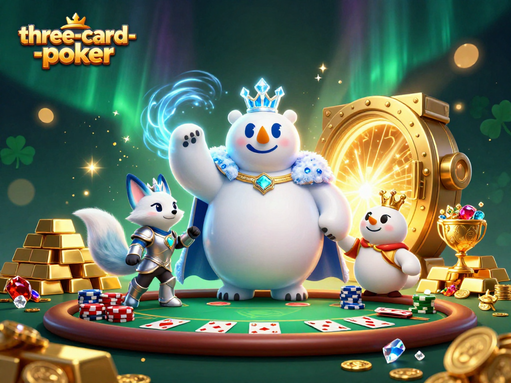 Experience thrilling three-card-poker action with an ice king and snow fox amidst gold treasures.