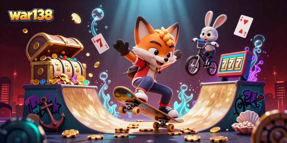 Winning big with war138 as a fox and rabbit enjoy exciting casino elements in vibrant illustration.