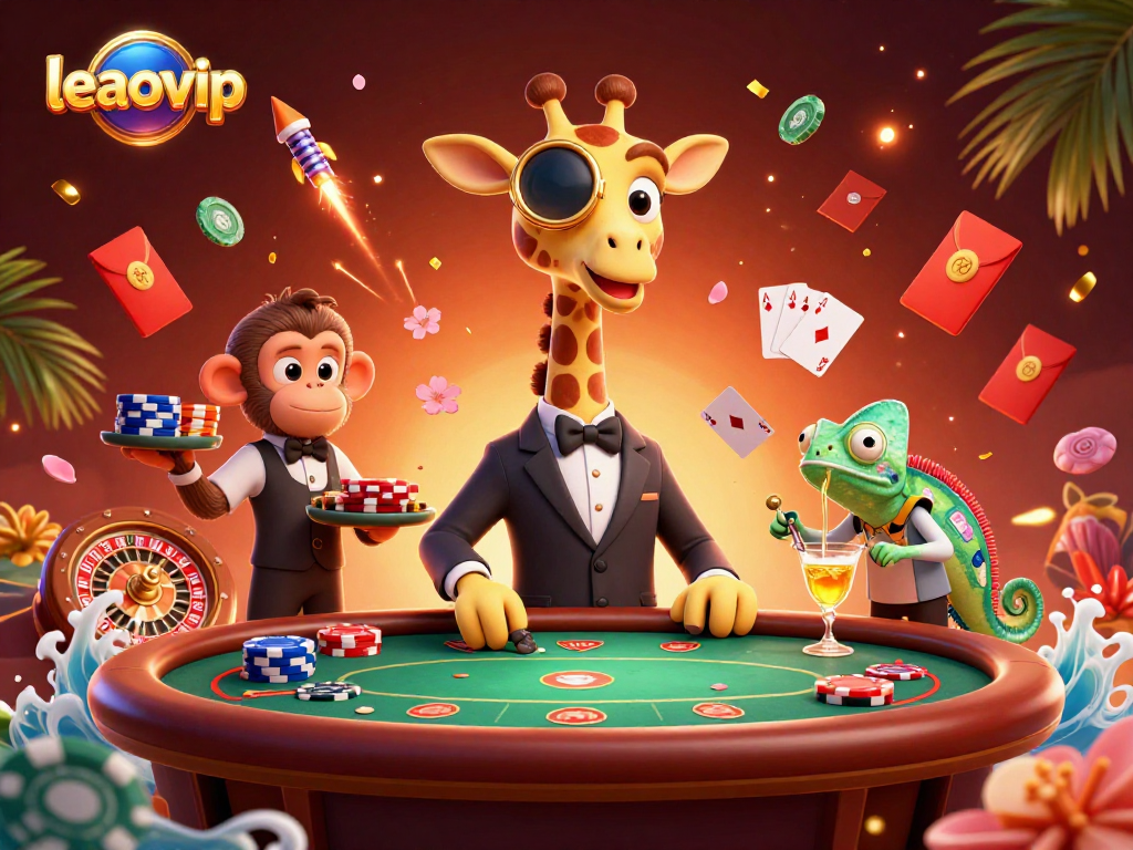 Permainan seru pada platform leaovip dengan gajah tinggi, pelayan monyet, dan bartender bunglon yang menyajikan cocktail unik.