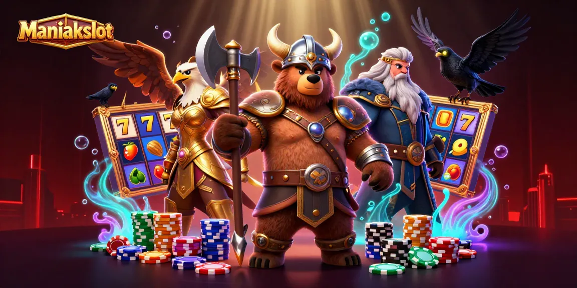 Engage with Maniakslot by spinning vibrant slot reels featuring lucky 7s and fruit symbols amid a dynamic casino scene.
