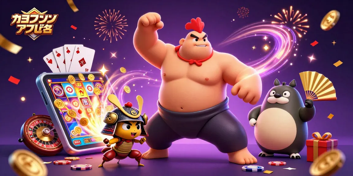 オンラインカジノ アプリ名でスロットゲームをプレイする虎のような力強い相撲レスラーのイラスト