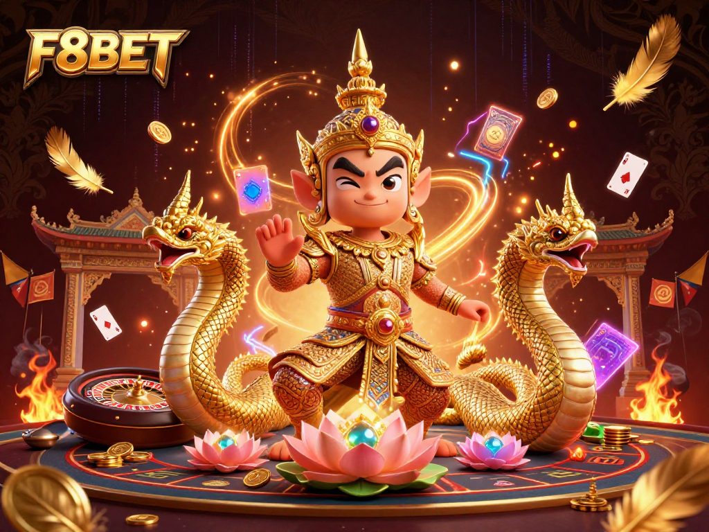 Experience thrilling gameplay with F8BET in a lively casino scene featuring vibrant characters and golden elements.