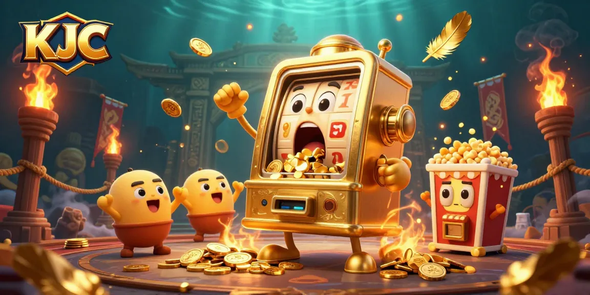 KJC slot machine hits the jackpot with gold coins spilling, celebrating excitement in a lively casino scene.