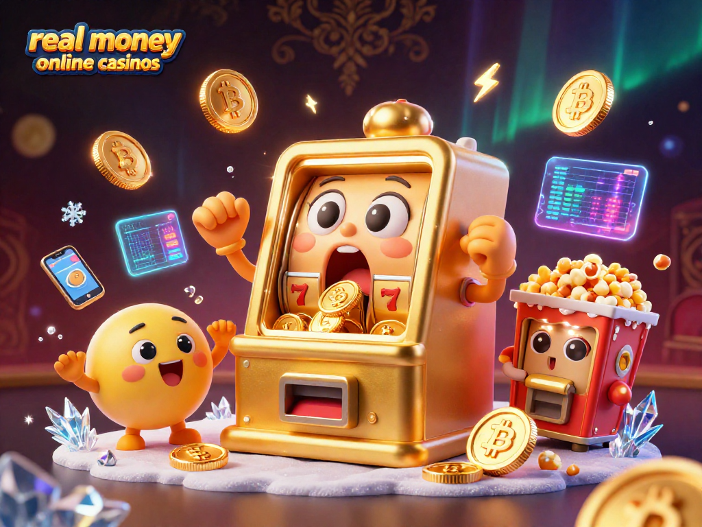 Experience the excitement of real money online casinos with animated slot machines and crypto elements.