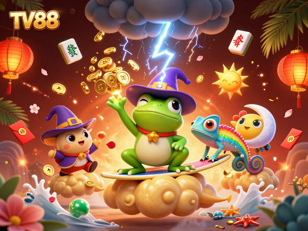 Experience thrilling gaming at TV88 with a dynamic scene featuring fortune elements and lucky charms.
