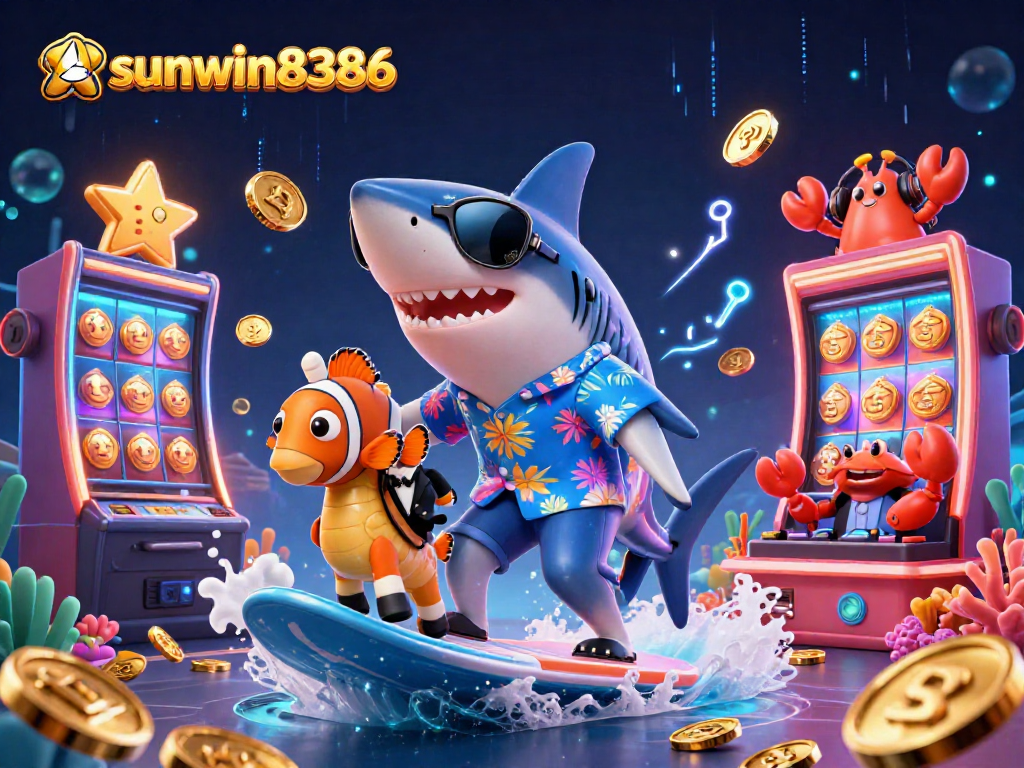 Engage with thrilling games at sunwin8386, featuring cartoon shark and friend riding coins amidst vibrant casino elements.