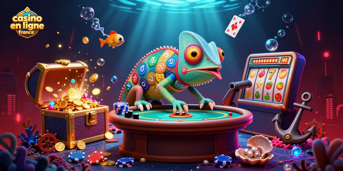 Illustration dynamique d'un caméléon de casino surveillant les tables de jeu au casino en ligne France.