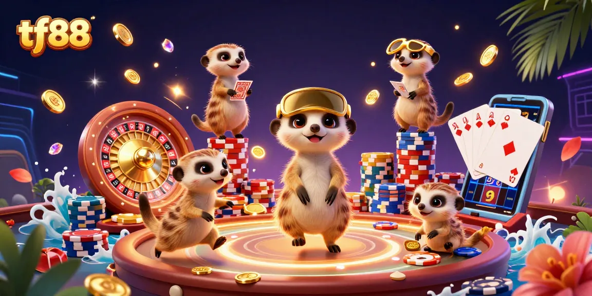 Experience the excitement of tf88 through a vibrant 3D gambling scene with playful meerkats.