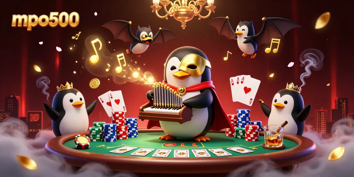 Experience mpo500 with a vibrant 3D casino scene showcasing a penguin playing for gold coins.