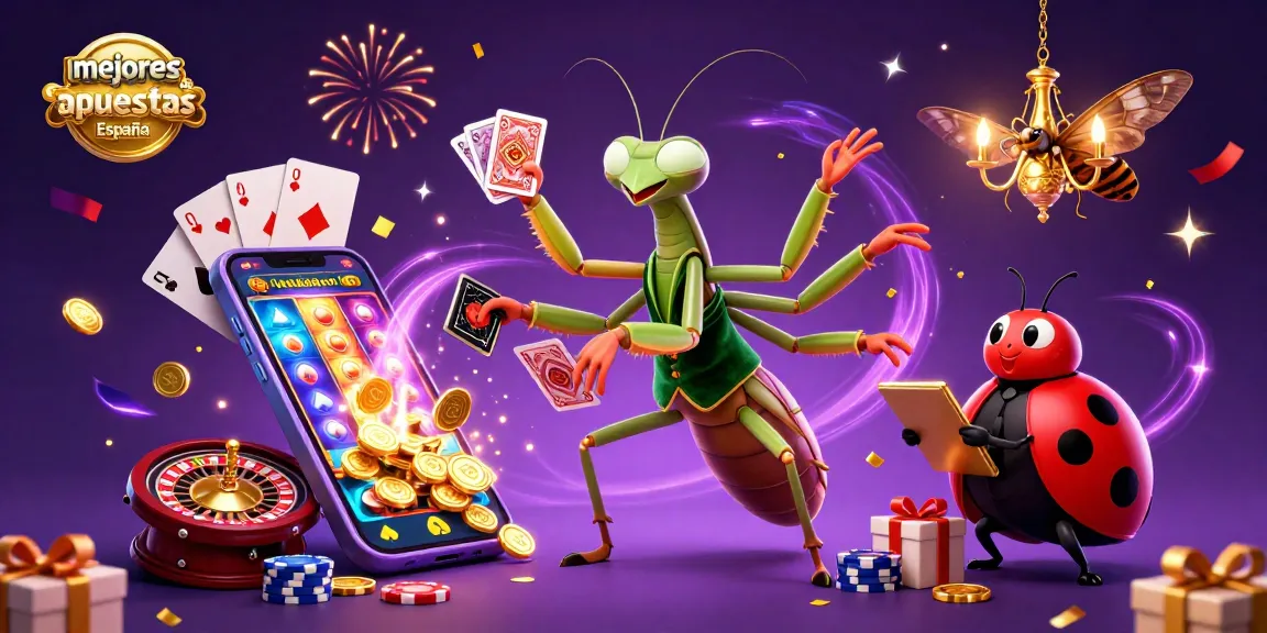 Mejores casas de apuestas España con un camaleón gigante repartiendo cartas y un pit boss entre confeti y juegos de azar