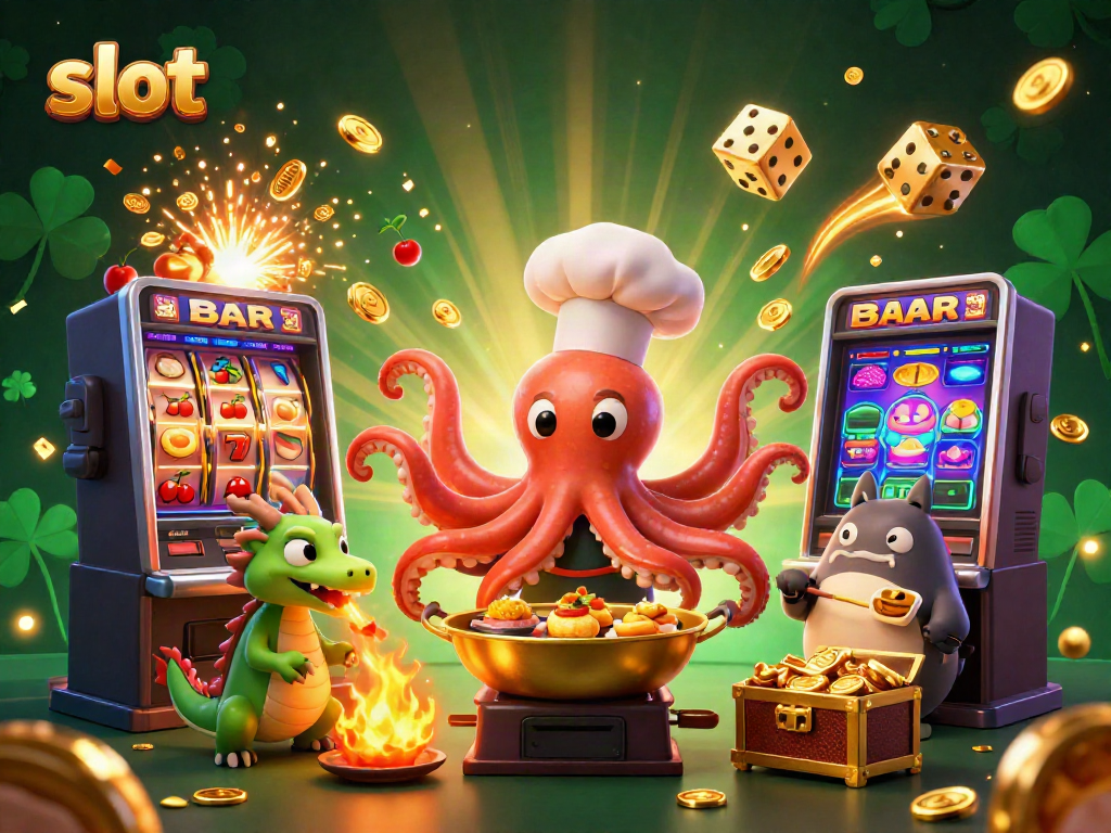 Slot yang gemerlap menampilkan chef sushi karikatur dan naga, menciptakan momen jackpot penuh koin.