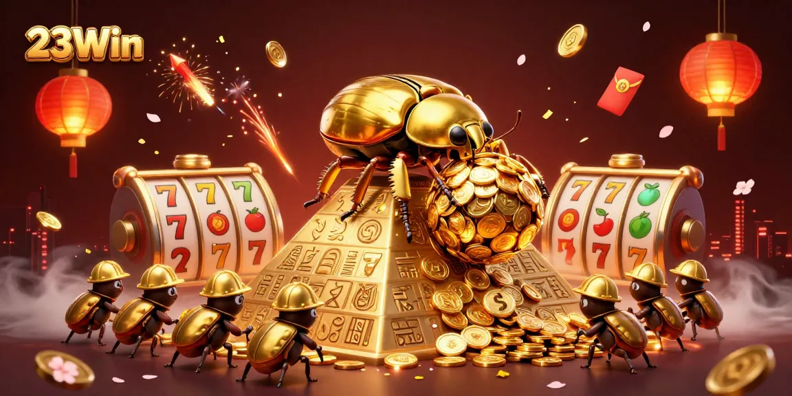 Engage your senses with 23Win's vibrant scene of golden beetles and dynamic casino symbols.