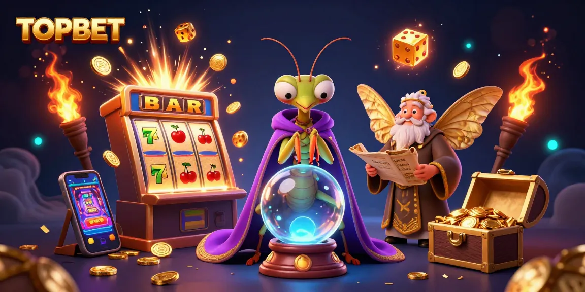 Experience the thrill of TOPBET with cartoon characters and vibrant casino elements in an engaging scene.