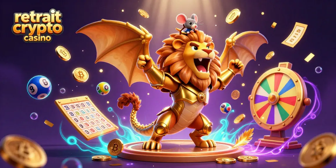 Retraits rapides dans le casino crypto avec des pièces de Bitcoin et une chimère triomphante.