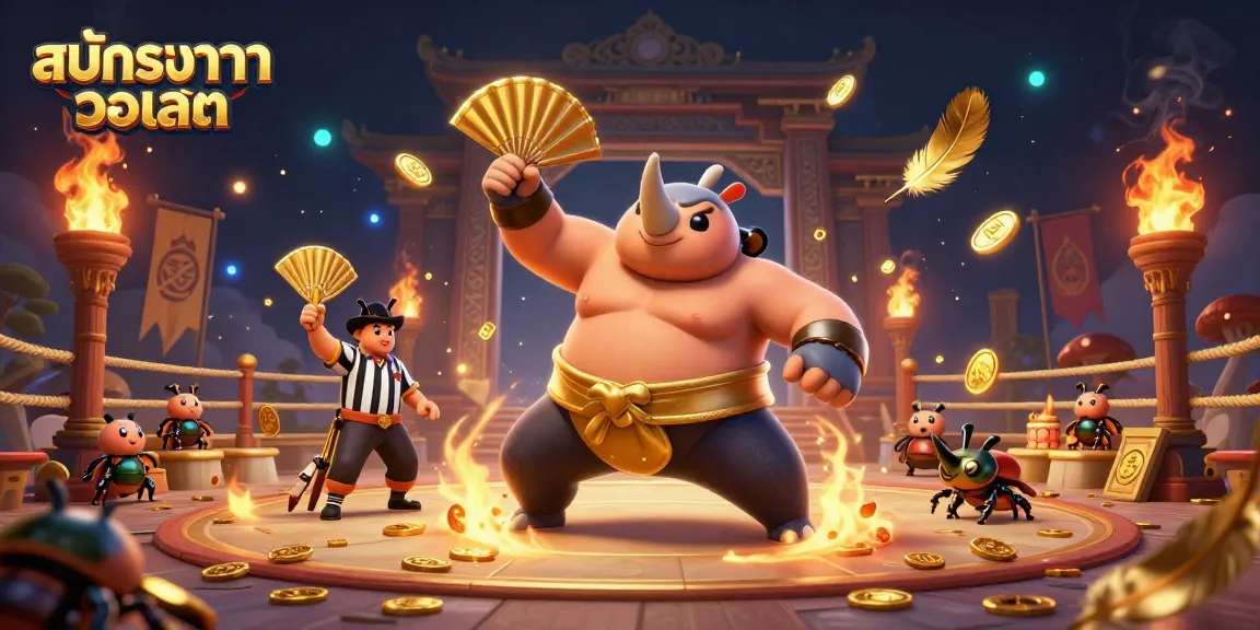 Engage with สมัครบาคาร่า วอเลท in a dynamic 3D cartoon scene depicting beetle champions and a vibrant casino atmosphere.