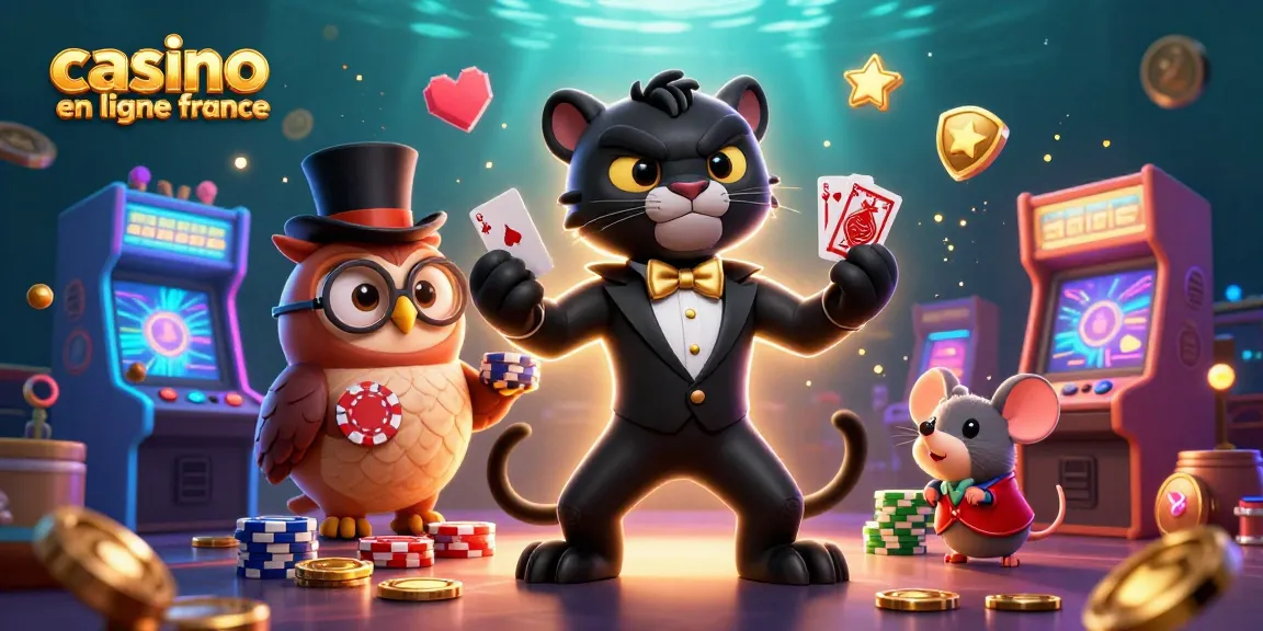 Illustration dynamique de casino en ligne en France avec une panthère, un hibou et une souris jouant aux cartes.