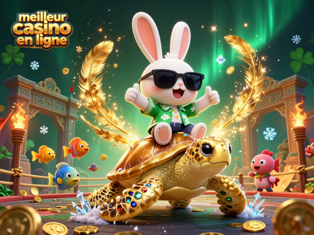 Meilleur casino en ligne : chanceux lapin 3D célébrant sur une tortue dorée dans un décor vibrant.
