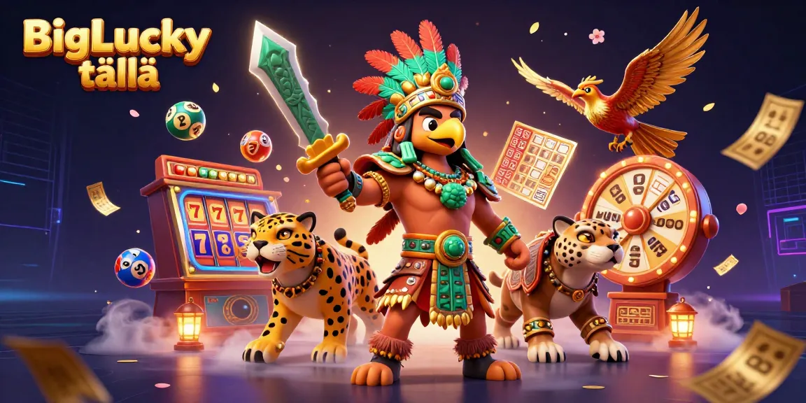 BigLucky täällä - Värikkäässä kasinopelikohtauksessa Aztec-soturi ja jaguari.