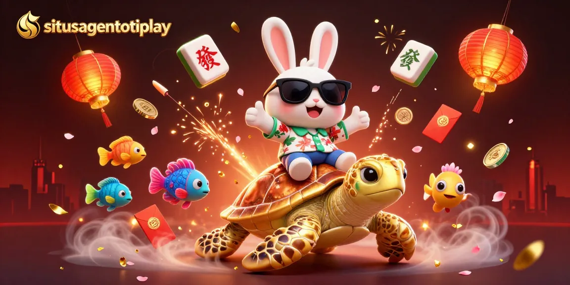 Gambarkan situsagentotoplay dengan kelinci keberuntungan 3D dan penyu emas di dunia judi yang berwarna-warni dan meriah.