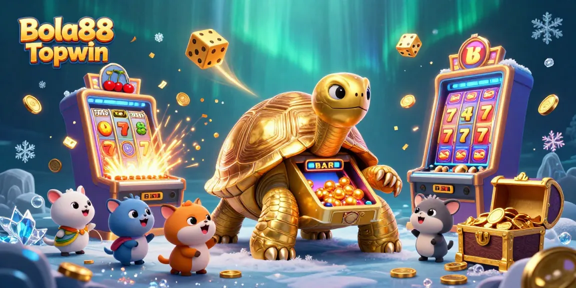 Bola88 Topwin captivates players with a lively 3D illustration showcasing a golden tortoise pinball casino experience.