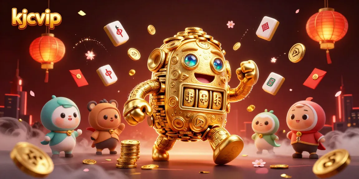 Experience the excitement of kjcvip with golden elements and dynamic gaming symbols in a colorful casino illustration.